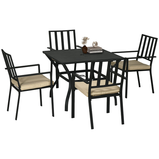 Photo of Outsunny 5 Pieces Garden Dining Set with Cushions, Outdoor Patio Table and 4 Stackable Chairs, Metal Top Table with Umbrella Hole, Black in Black colour on a white background