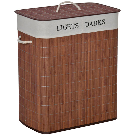 Photo of HOMCOM 100L Laundry Basket with Lid String Handles, 2 Section Collapsible Hamper Removable Lining Foldable Water-Resistant Dirty Clothes Storage, Brown in Brown colour on a white background