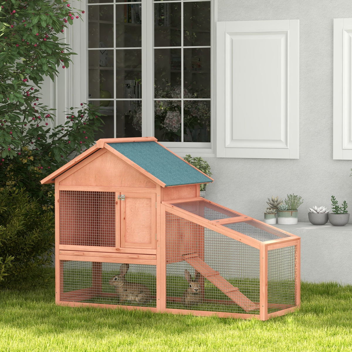 PawHut 2-Tier Outdoor Rabbit Hutch with Large Run, Ramp & Slide-Out Tray, Fir Wood, 144 x 64.5 x 100 cm, Orange