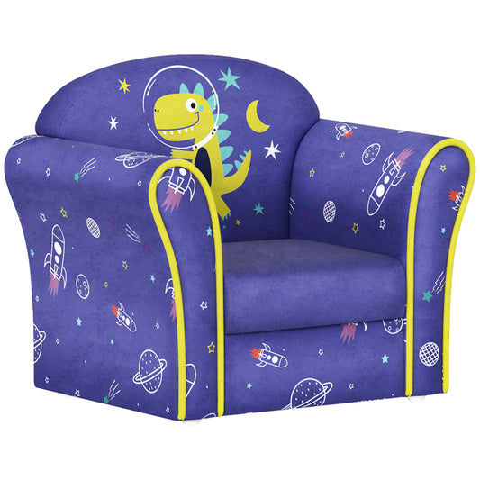 Photo of AIYAPLAY Kids Armchair with Planet Dinosaurs Design, Wooden Frame, for Bedroom, Playroom, Kids Room - Blue in Blue colour on a white background