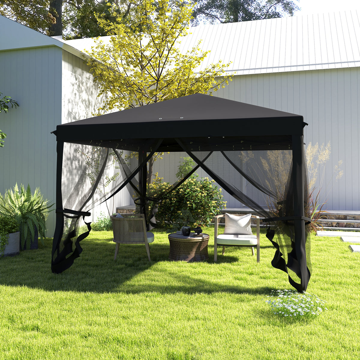 Outsunny black pop-up gazebo with mesh curtains gathered at the sides
