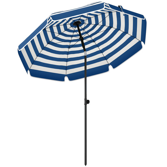 Photo of Outsunny 1.8 m Beach Umbrella Parasol with Sand Anchor, Portable 30° Tilting Patio Sun Shade with Adjustable Height, Blue/White in Blue/White colour on a white background