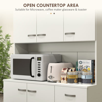 White pantry cabinet countertop with space for a microwave, toaster and food storage