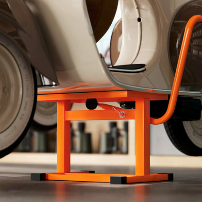 DURHAND orange motorbike lift supporting a scooter, with crank mechanism visible