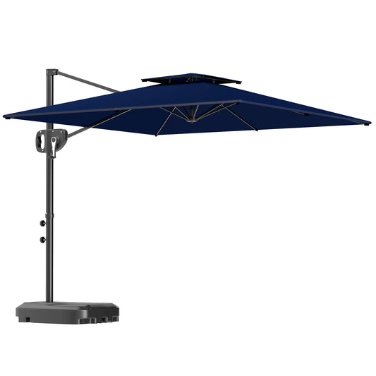 Photo of Outsunny Cantilever Parasol with Weighted Base Double Top Garden Parasol Square Hanging Patio Umbrella with Crank Tilt Dark Blue in Blue colour on a white background