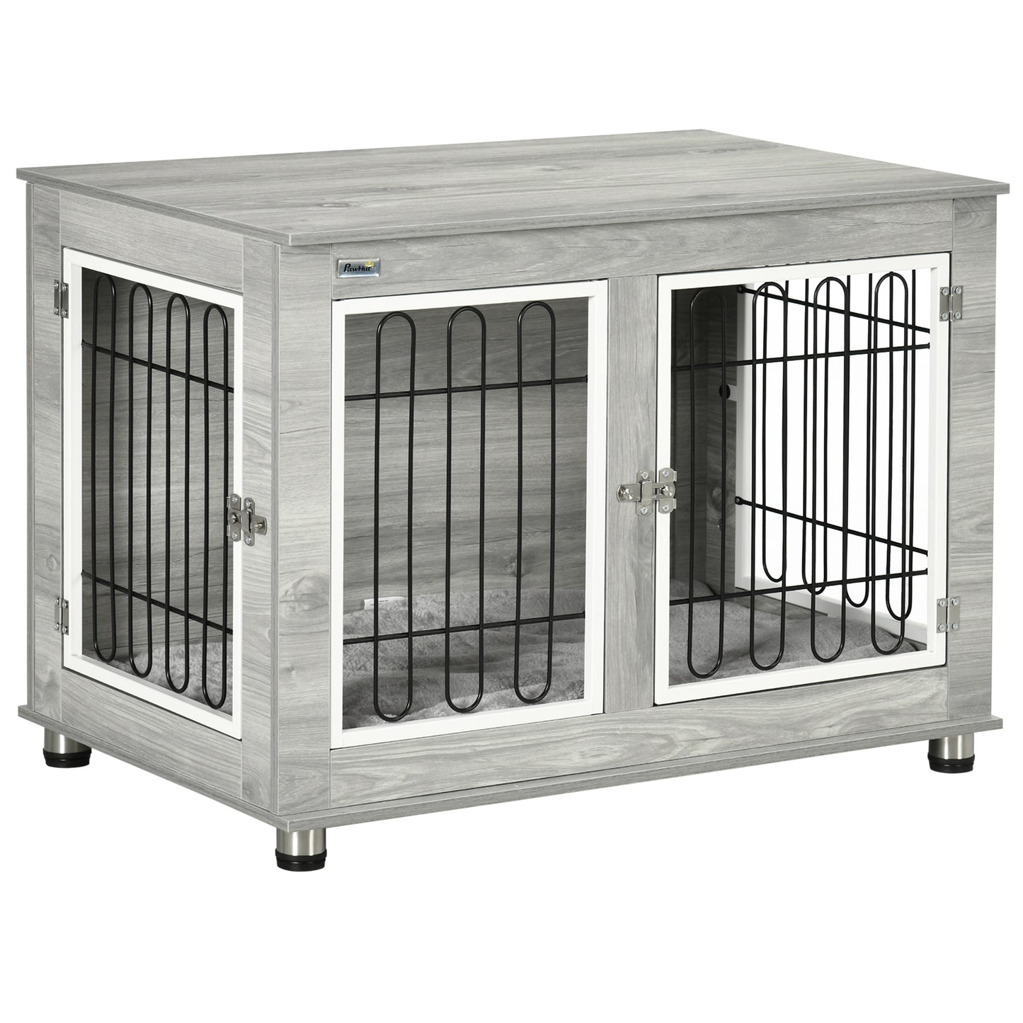 Photo of PawHut Dog Crate Furniture End Table, with Washable Cushion, Double Doors, for Medium/Large Dogs, Grey in Grey colour on a white background
