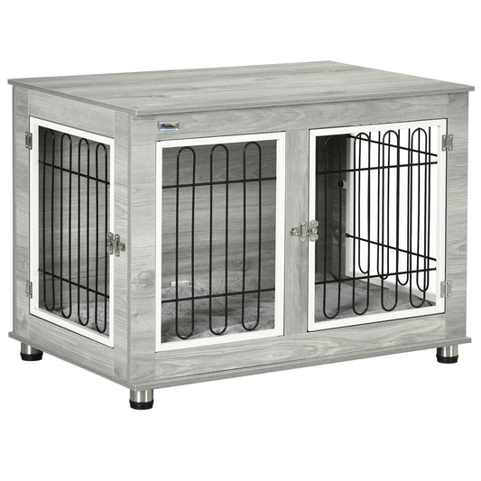 Photo of PawHut Dog Crate Furniture End Table, with Washable Cushion, Double Doors, for Medium/Large Dogs, Grey in Grey colour on a white background