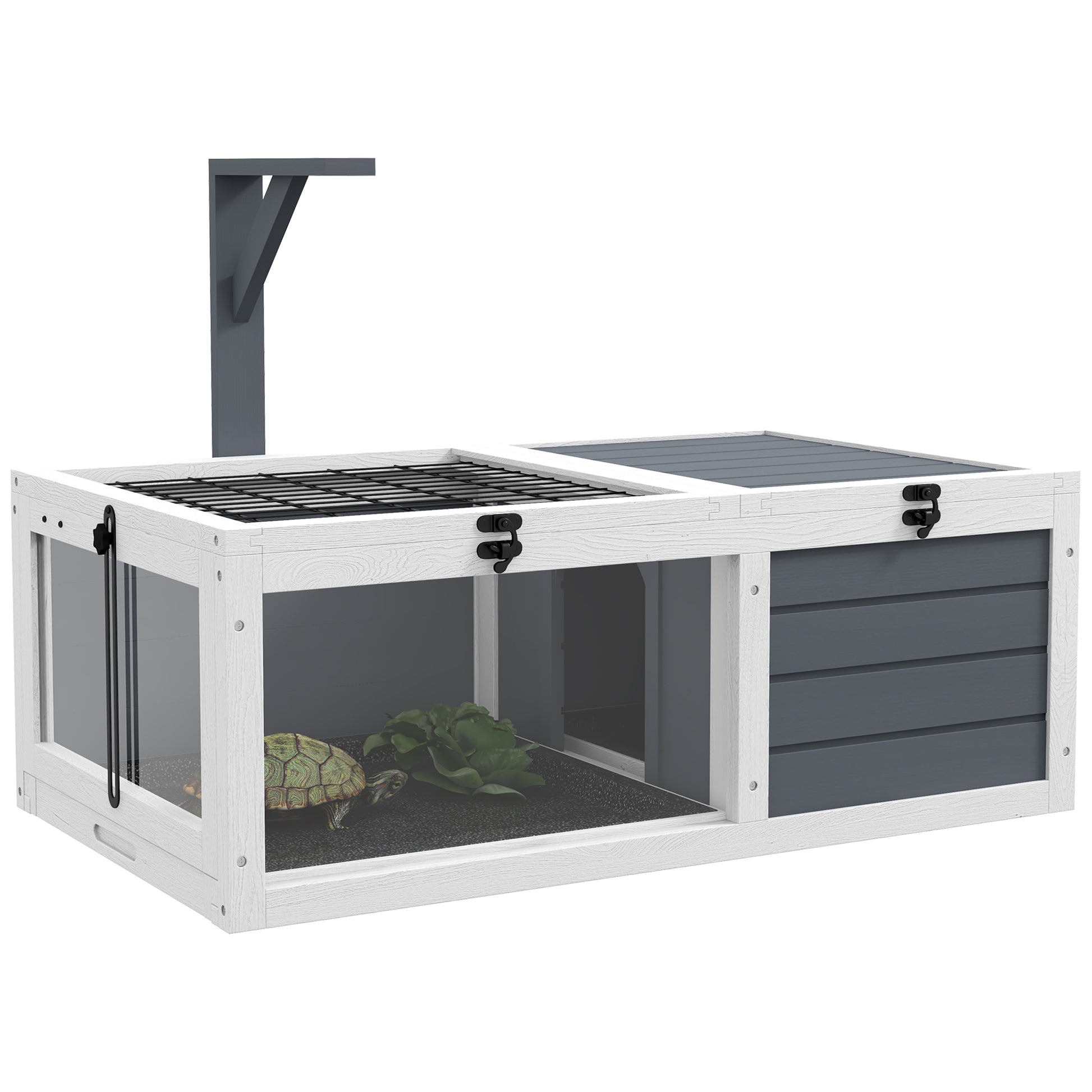 Photo of PawHut Tortoise Table with Wooden Lamp Holder, Wooden Tortoise House w/ Openable Lids, Pull-Out Trays - Grey in Grey colour on a white background