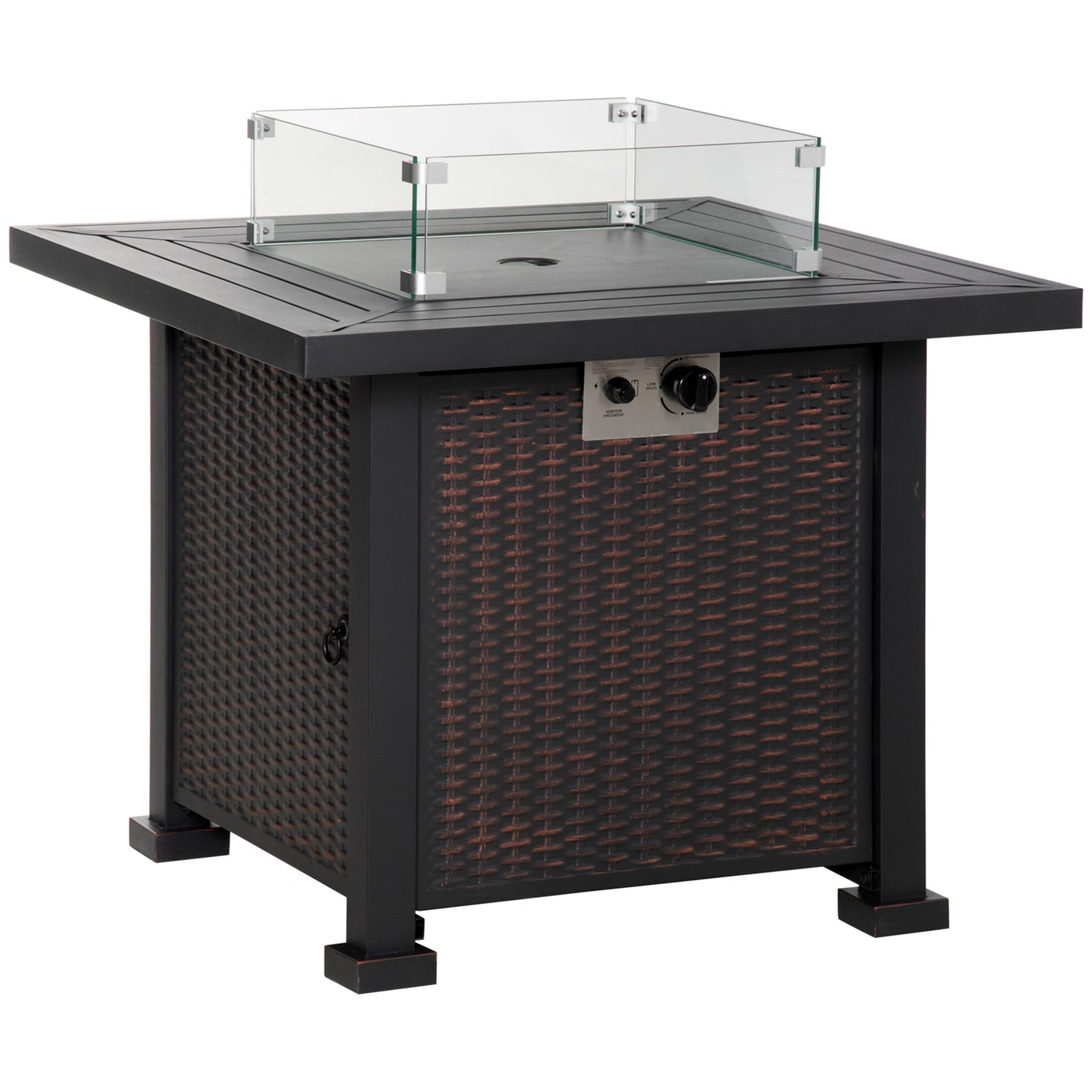 Photo of Outsunny Square Propane Gas Fire Pit Table, 50000 BTU Rattan Smokeless Firepit Patio Heater with Glass Screen, Glass Beads and Lid, 81cm x 81cm x 64cm, Black in Black colour on a white background