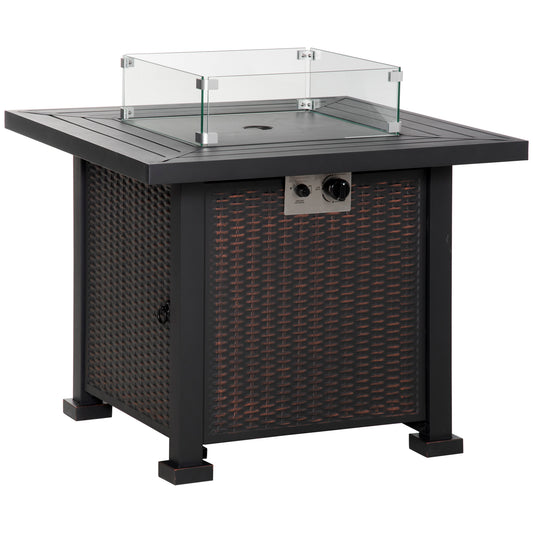 Photo of Outsunny Square Propane Gas Fire Pit Table, 50000 BTU Rattan Smokeless Firepit Patio Heater with Glass Screen, Glass Beads and Lid, 81cm x 81cm x 64cm, Black in Black colour on a white background