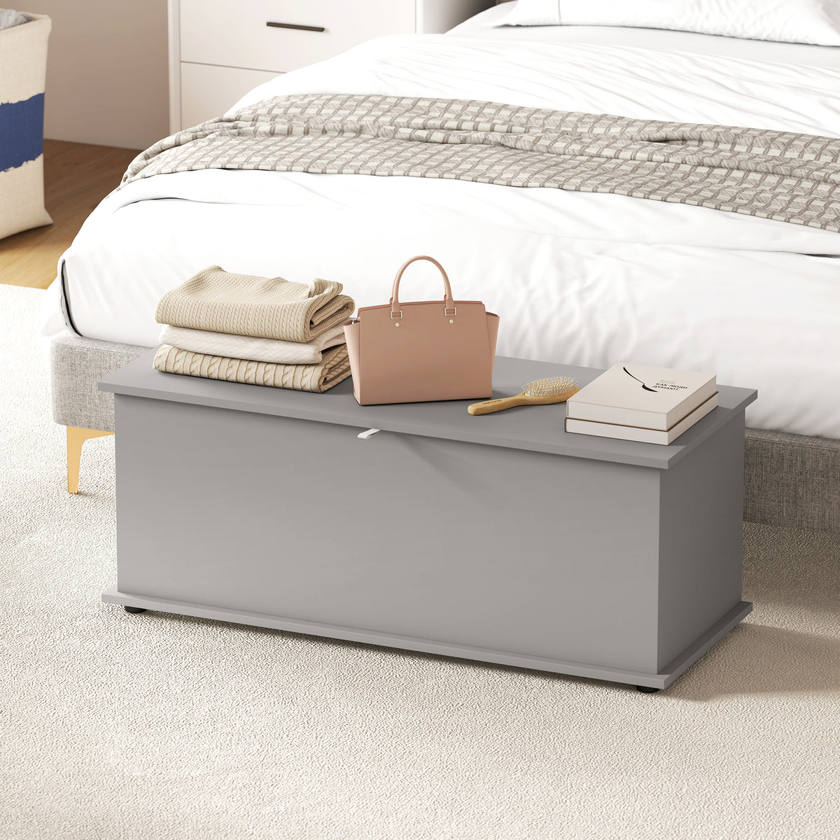 HOMCOM grey storage chest used as a bedroom bench