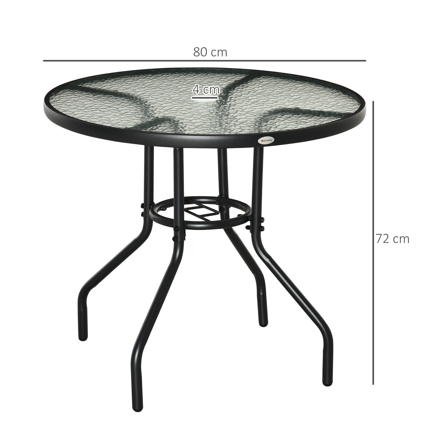 Outsunny Outdoor φ80cm Round Dining Table Tempered Glass Top Steel Frame Bistro Coffee End Side Table Garden w/ Parasol Hole