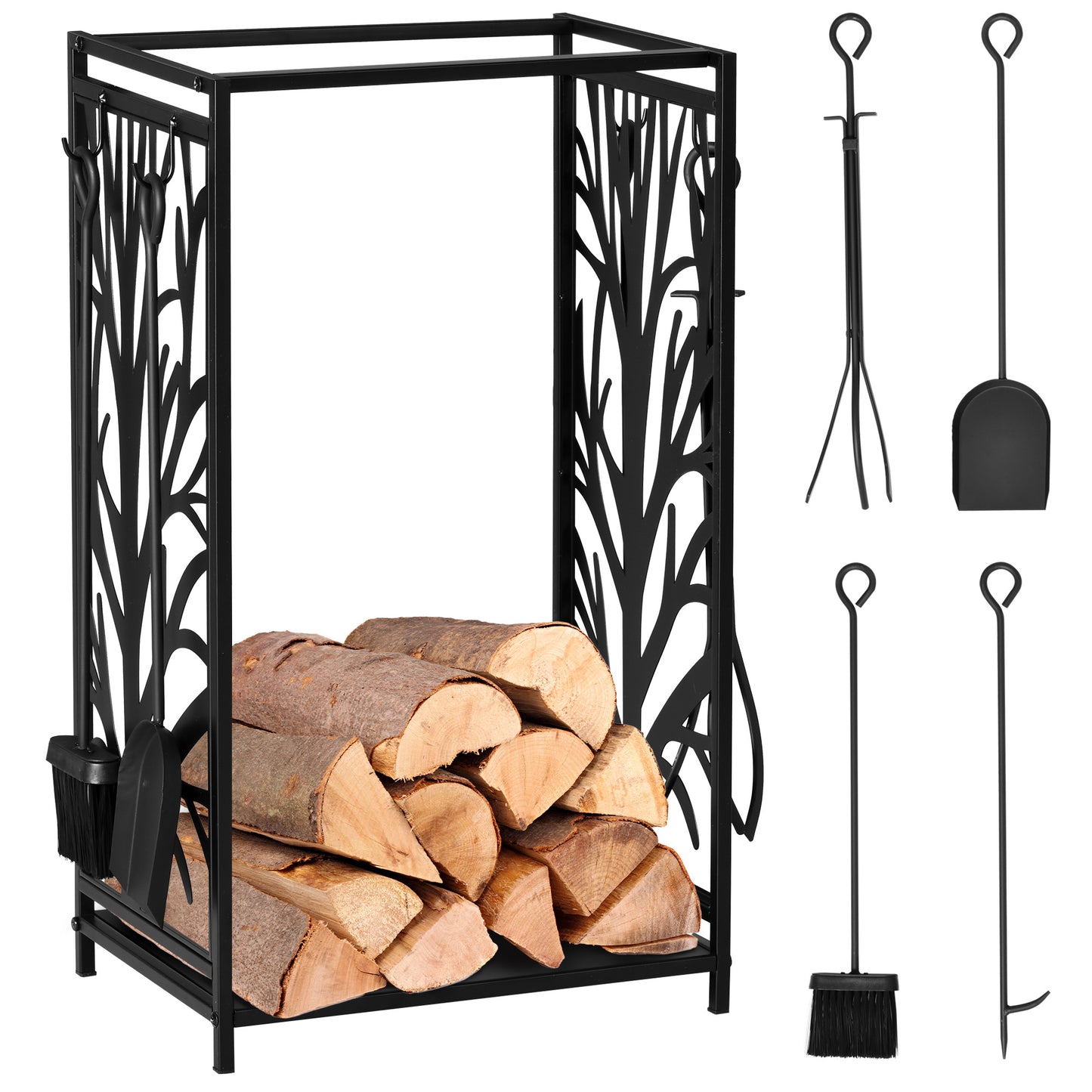Photo of HOMCOM Steel Firewood Log Holder Indoor Outdoor Firewood Rack Fireplace Wood Storage Shelf with 4 Tools, Hooks, Tree Pattern Design, Rust-Resistant, Black, 46W x 30D x 70H cm in cm colour on a white background