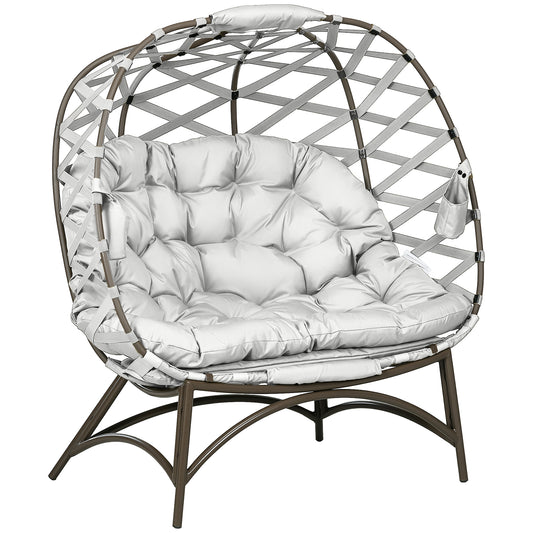 Photo of Outsunny 2 Seater Egg Chair Outdoor, Folding Weave Garden Furniture Chair with Cushion, Cup Pockets - Light Grey in Grey colour on a white background