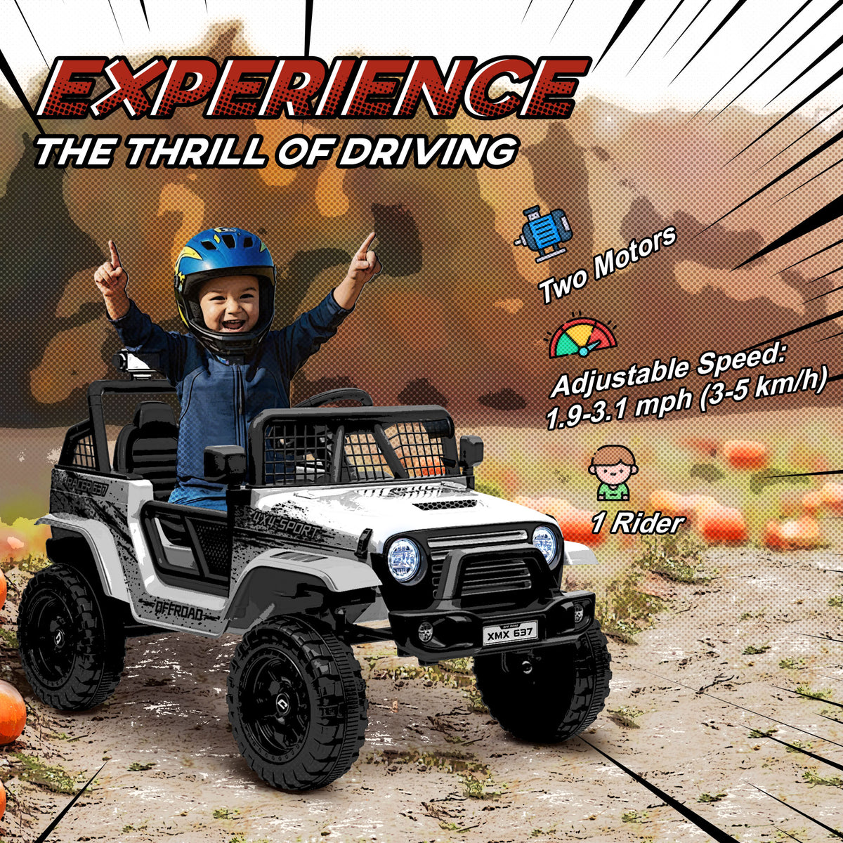 AIYAPLAY white electric ride-on truck with a child driver and two motors