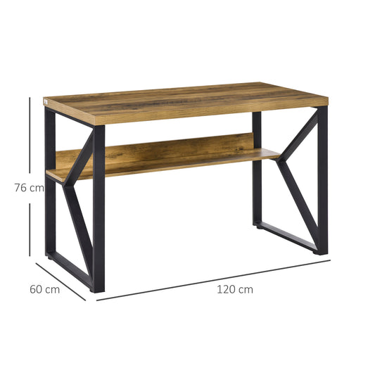 Brown wood-effect computer desk with black metal frame and lower shelf, 120 cm wide