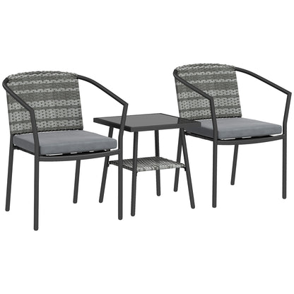 Outsunny three-piece rattan bistro set with two gray-cushioned chairs and a glass-top table