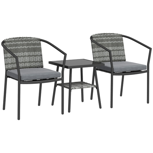Photo of Outsunny 3 Pieces Rattan Bistro Set with Cushions, Wicker Garden Furniture Set, Glass Top Coffee Table and Chairs for Outdoor Patio, Balcony, Terrace and Conservatory, Grey in Grey colour on a white background