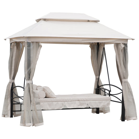 Photo of Outsunny 2-in-1 Convertible Gazebo Swing Chair Bed W/Netting, 245Lx165Wx243H cm-Beige/Black in cm-Beige/Black colour on a white background