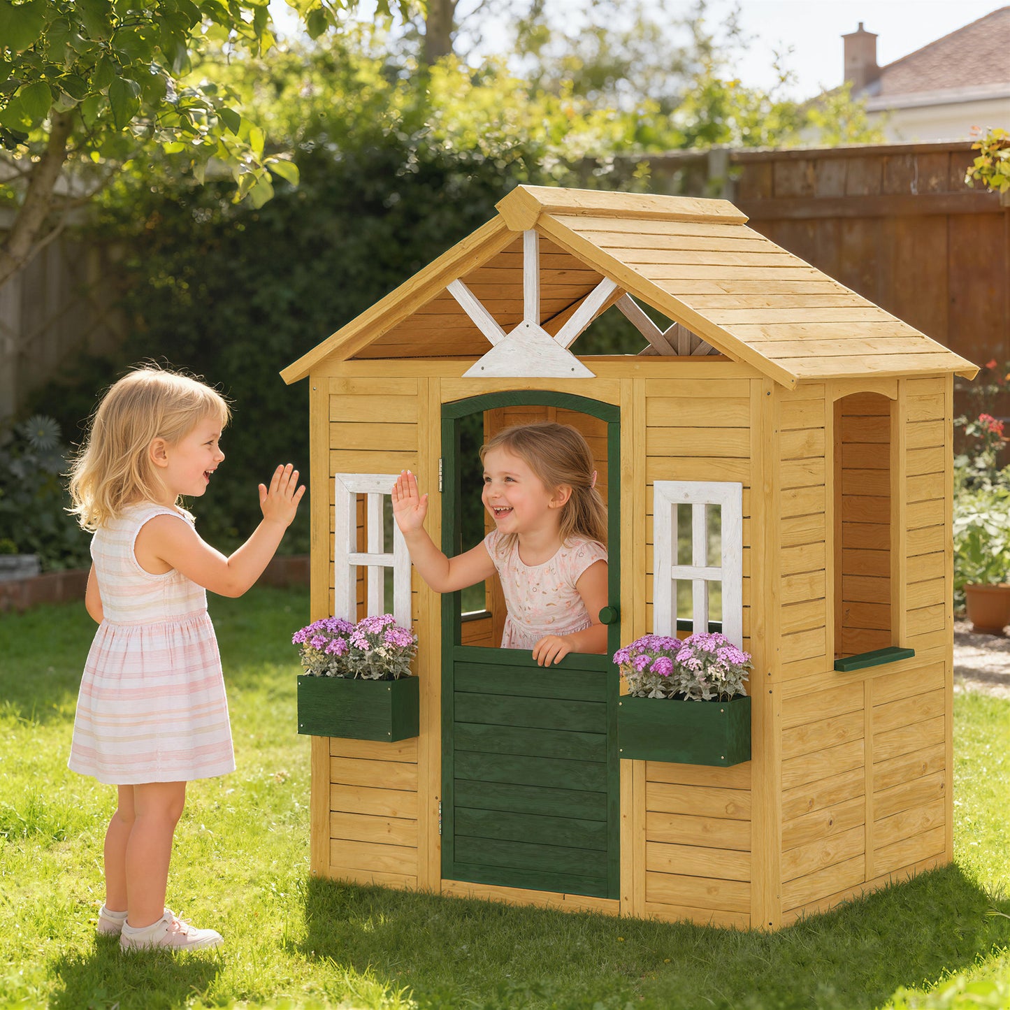 AIYAPLAY Outdoor Kids Playhouse, Wooden Wendy House with Door, 3 Windows, 2 Flower Boxes for Garden, Indoor Playroom