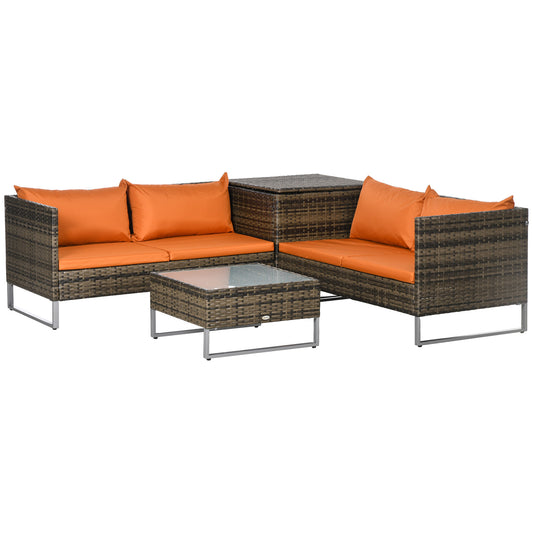 Photo of Outsunny 4 Piece Rattan Garden Furniture Set, Outdoor Corner Sofa Set with Storage Table, Loveseats, Cushions - Orange in Orange colour on a white background
