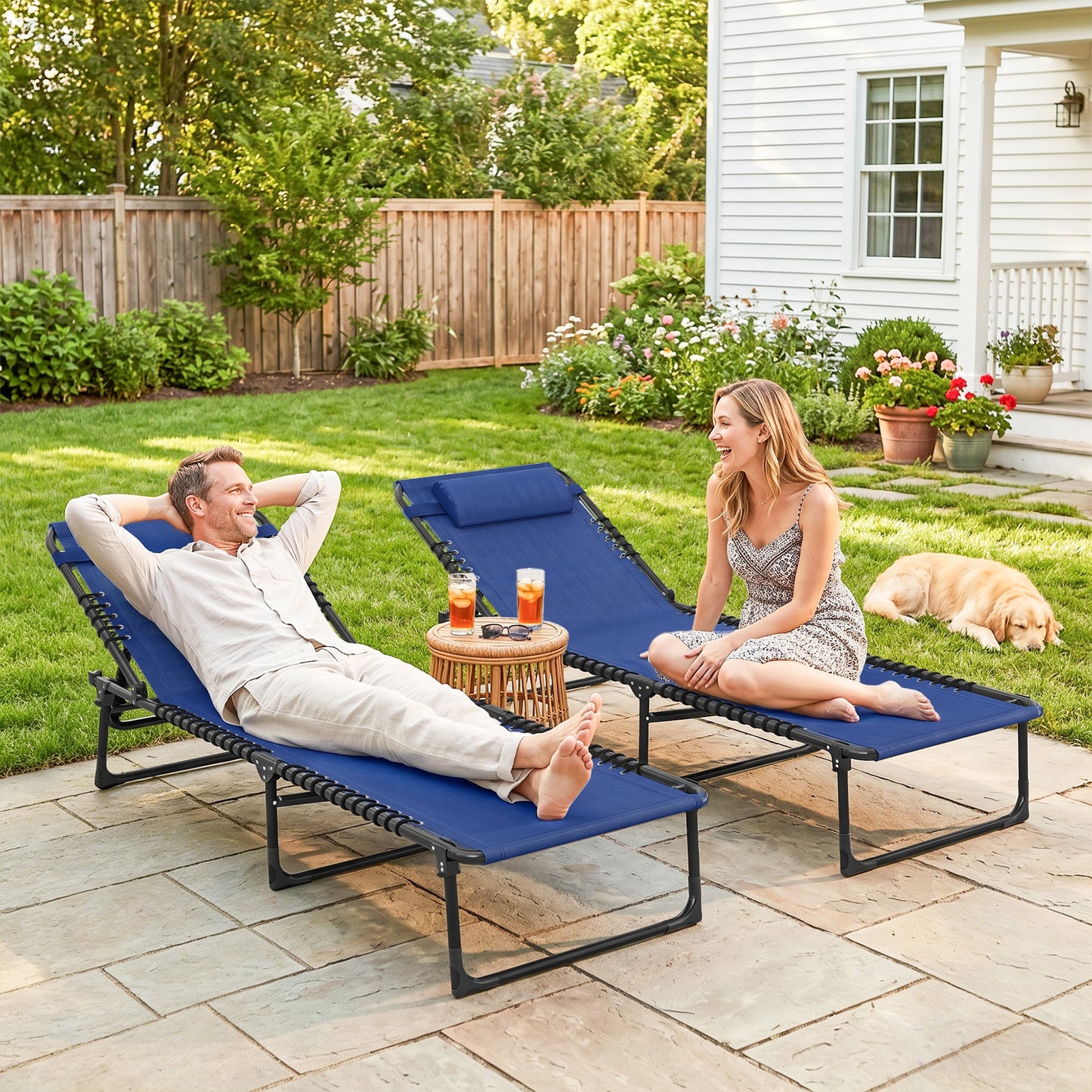 Outsunny Set of Two Folding Sun Loungers, with Four-Position Backs - Blue