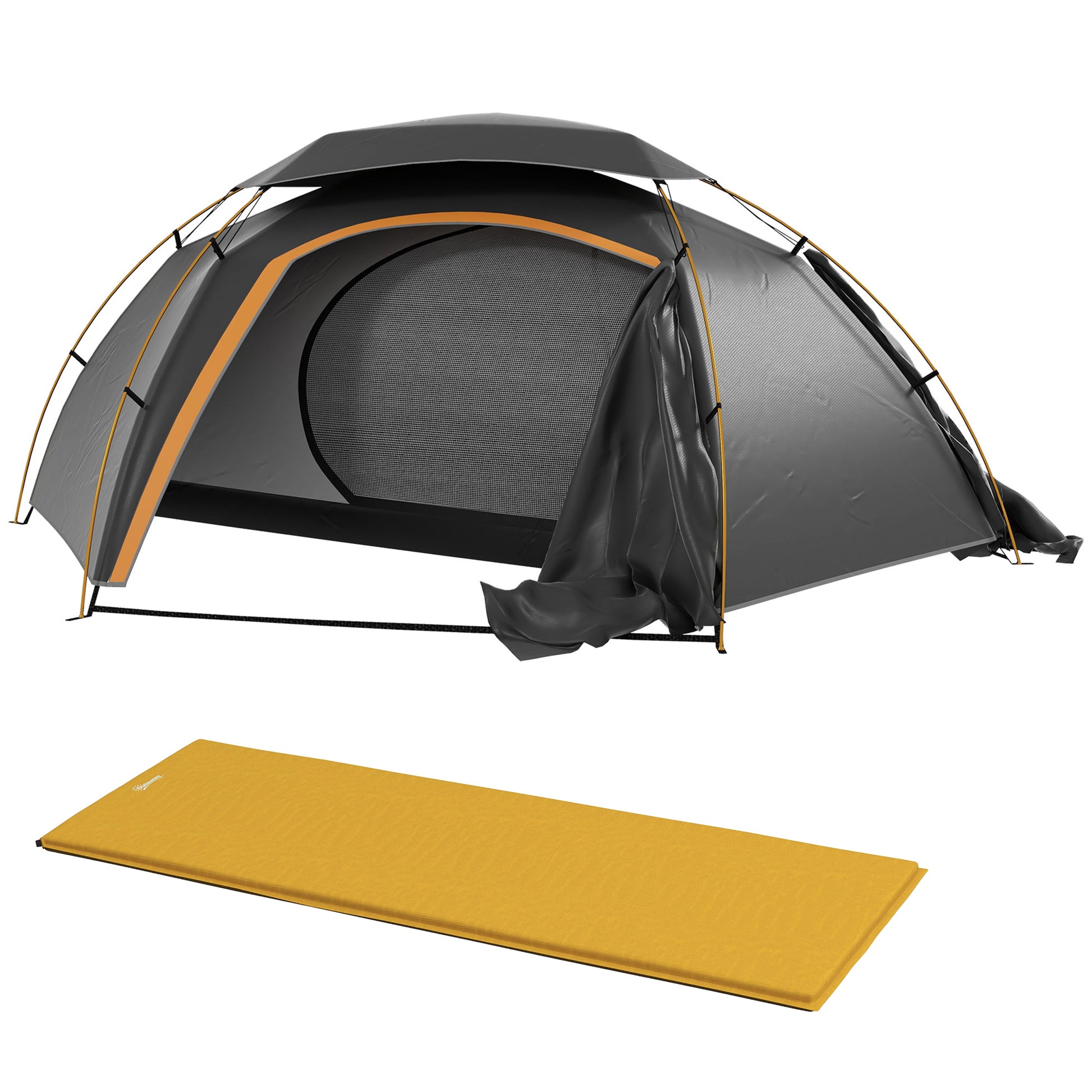 Photo of Outsunny Camping Tent with Self Inflatable Mattress, 1 Person Dome Tent with Removable Rainfly and Aluminium Frame, 2000mm Waterproof, Portable with Bags, for Fishing Hiking, Dark Grey/Khaki in Grey/Khaki colour on a white background