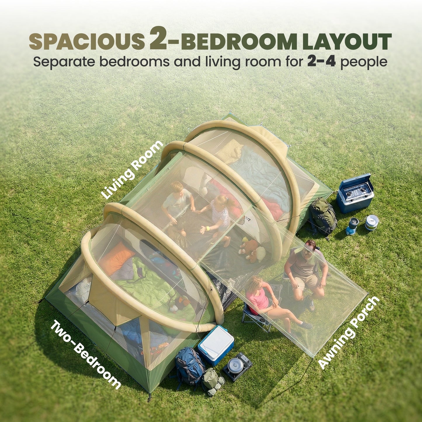 Outsunny Inflatable Tent 2 Bedroom Tunnel Design Windproof Air Tent with Carry Bag for 4 Person