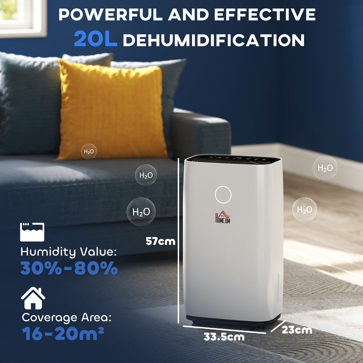 White HOMCOM dehumidifier shown with 20L capacity and compact dimensions