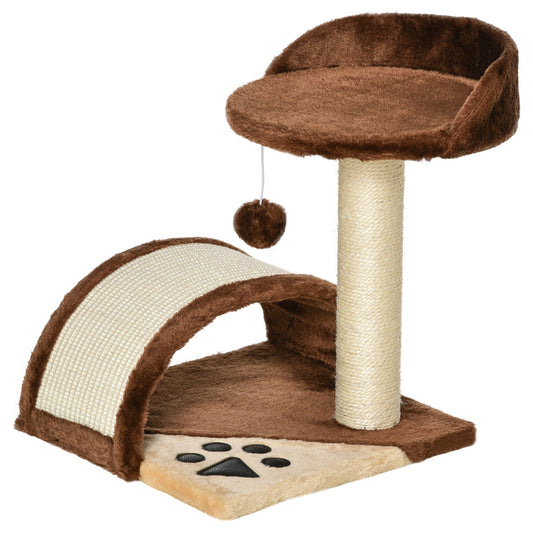 Photo of PawHut Cat Tree Scratching Scratcher Post Kitten Activity Centre Climber Hanging Ball Brown in Brown colour on a white background