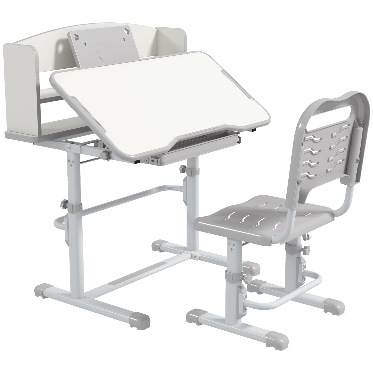Photo of ZONEKIZ Height Adjustable Kids Study Table and Chair Set, with Drawer, Storage Shelf, 80 x 54.5 x 104 cm, Grey in Grey colour on a white background
