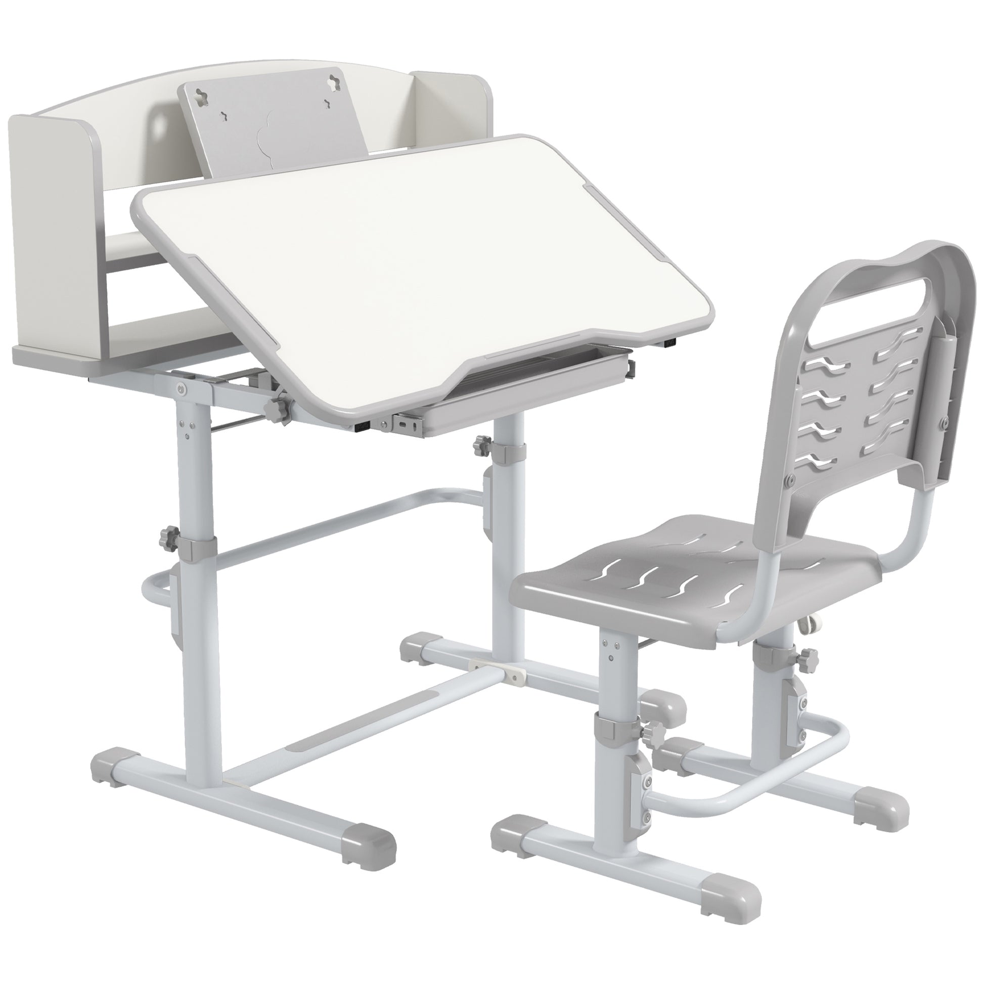 Photo of ZONEKIZ Height Adjustable Kids Study Table and Chair Set, with Drawer, Storage Shelf, 80 x 54.5 x 104 cm, Grey in Grey colour on a white background