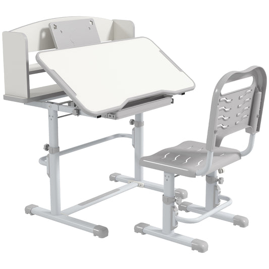 Photo of ZONEKIZ Height Adjustable Kids Study Table and Chair Set, with Drawer, Storage Shelf, 80 x 54.5 x 104 cm, Grey in Grey colour on a white background