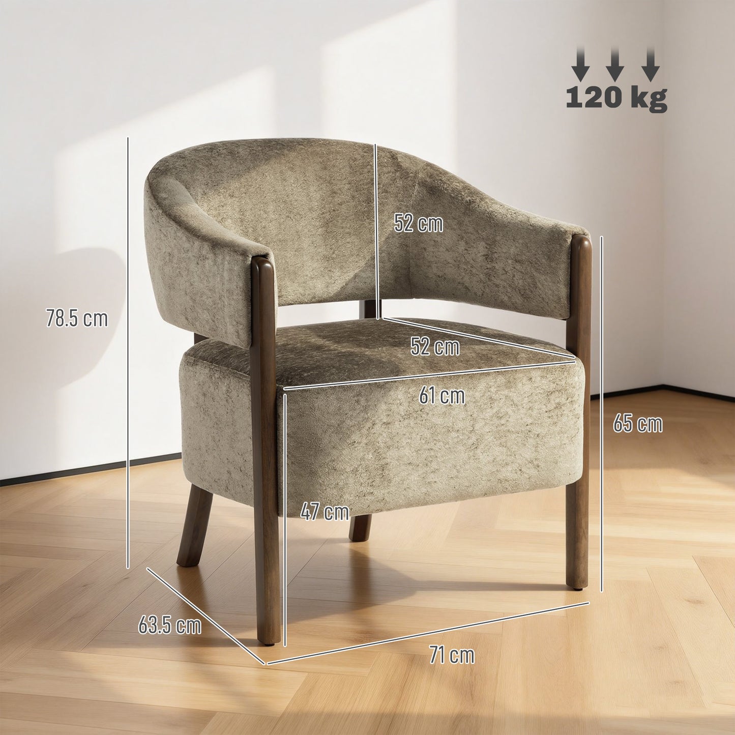 HOMCOM Accent Chair, Upholstered Tub Chair with Solid Wood Frame and Legs, Light Brown