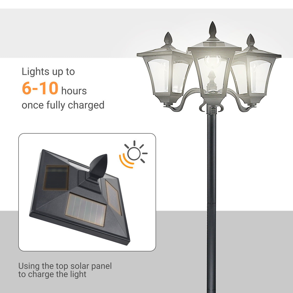 Black three-head solar garden lamp with top charging panel and up to 6–10 hours of light