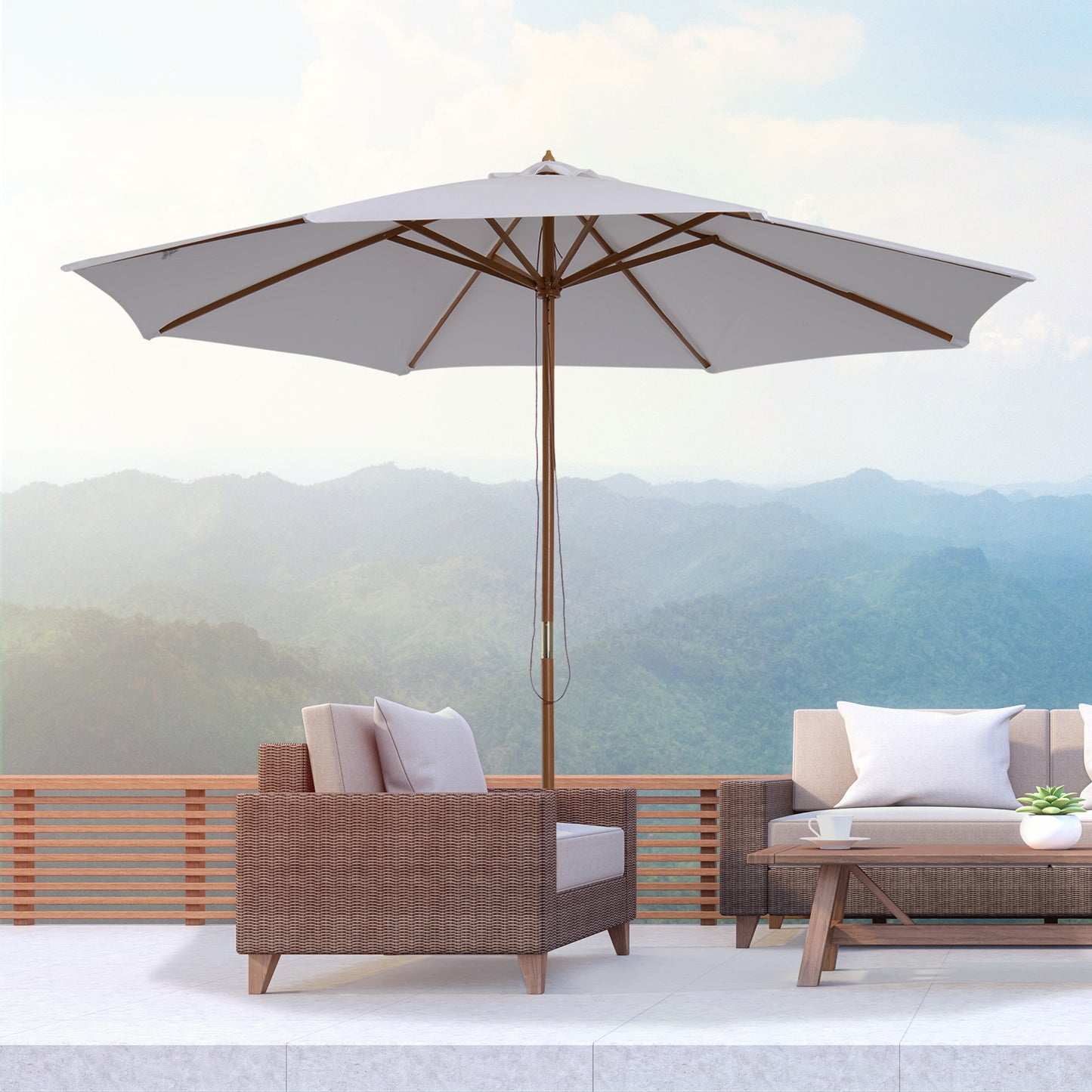 Outsunny 3 m Garden Parasol with Base, Pulley Operated Patio Umbrella, Wooden Parasol, Table Market Umbrella with Rope Pulley Mechanism and 8 Ribs, White