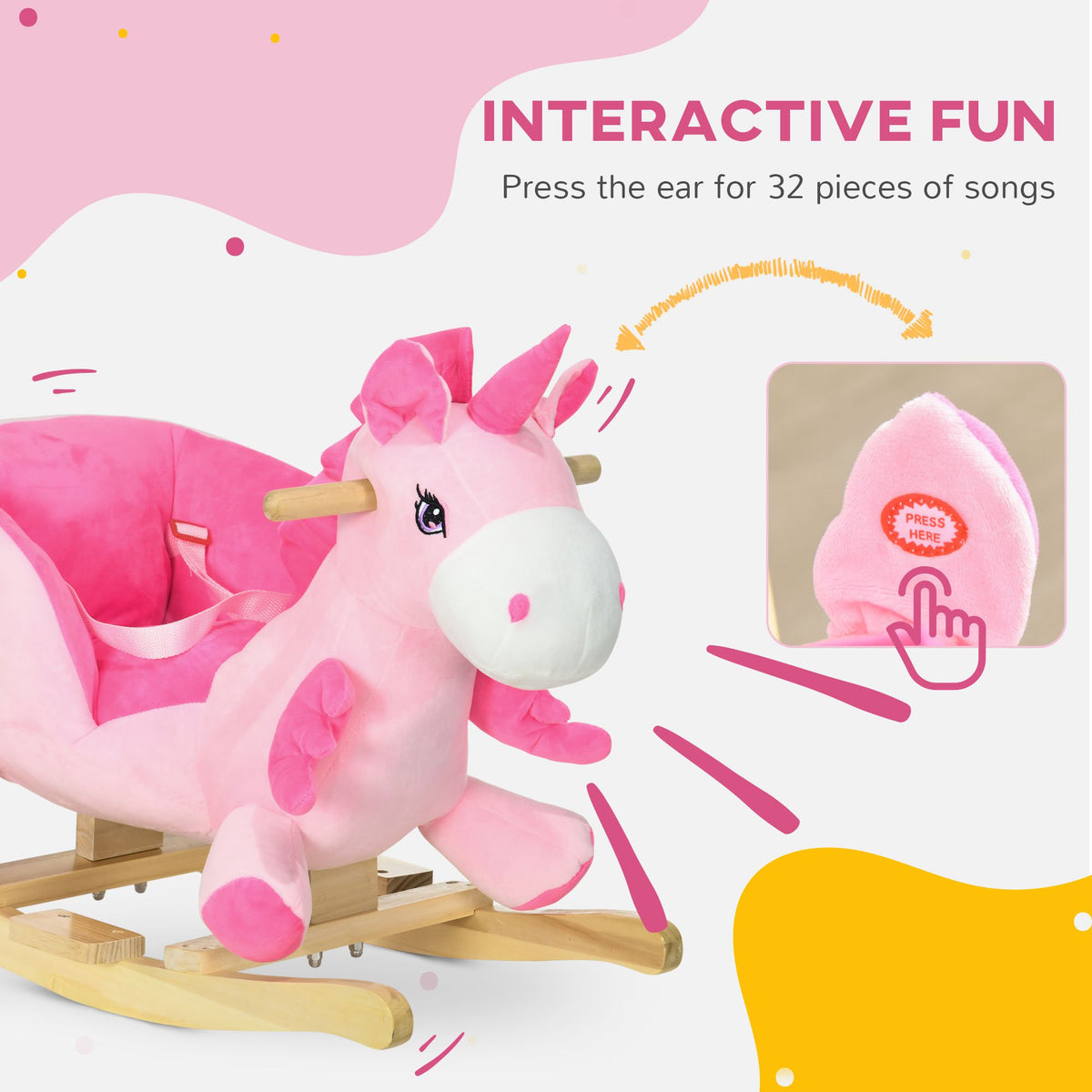 Pink unicorn rocking toy with song button inside the ear and wooden rockers
