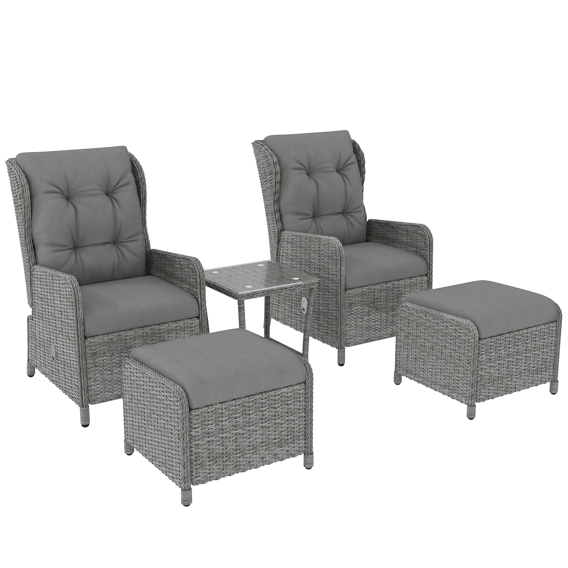 Photo of Outsunny 5 Pieces Rattan Bistro Set with Adjustable Back, Reclining Wicker Balcony Furniture with Cushions, Glass Top Coffee Table and Footstools, Outdoor Table and Chairs, Light Grey in Grey colour on a white background