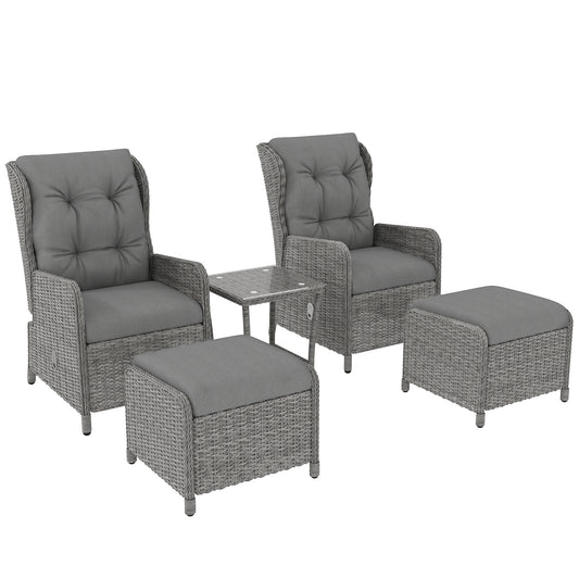Photo of Outsunny 5 Pieces Rattan Bistro Set with Adjustable Back, Reclining Wicker Balcony Furniture with Cushions, Glass Top Coffee Table and Footstools, Outdoor Table and Chairs, Light Grey in Grey colour on a white background
