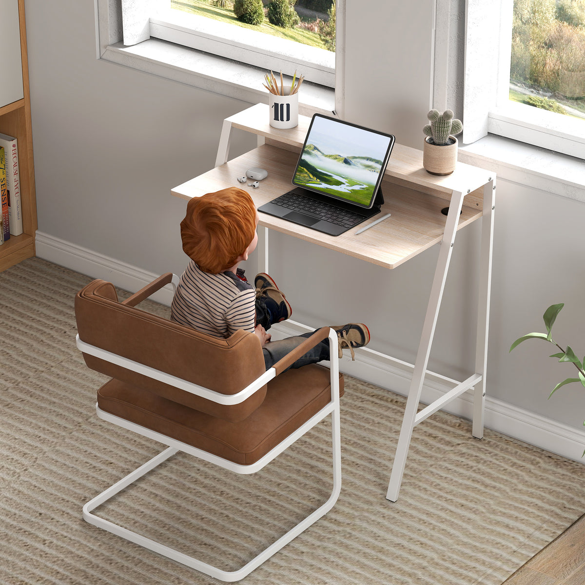 White and oak-look desk with raised shelf, shown with a tablet