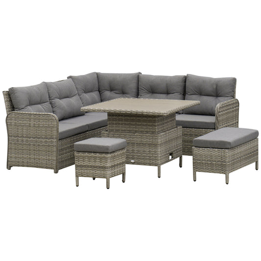 Photo of Outsunny 7 Seater Rattan Garden Furniture Set, 6 Piece Patio Dining Set with Liftable Coffee Table and Soft Padded Cushion, Wicker Sectional Conversation Corner Sofa, 123 x 55 x 84 cm, Grey in Grey colour on a white background