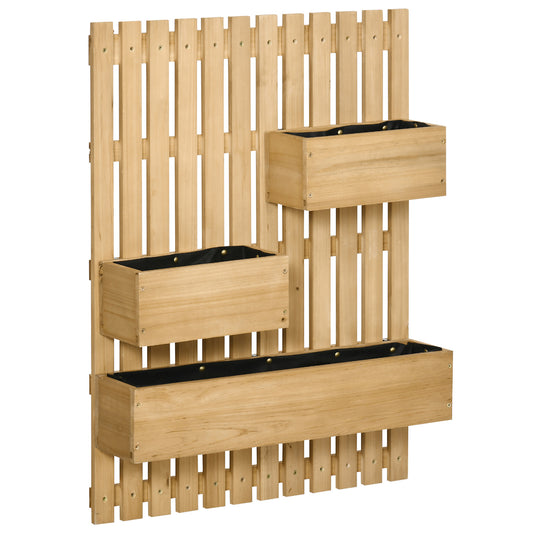 Photo of Outsunny Wall-mounted Wooden Garden Planters with Trellis, Drainage Holes and 3 Planter Boxes for Patio, Natural in Natural colour on a white background