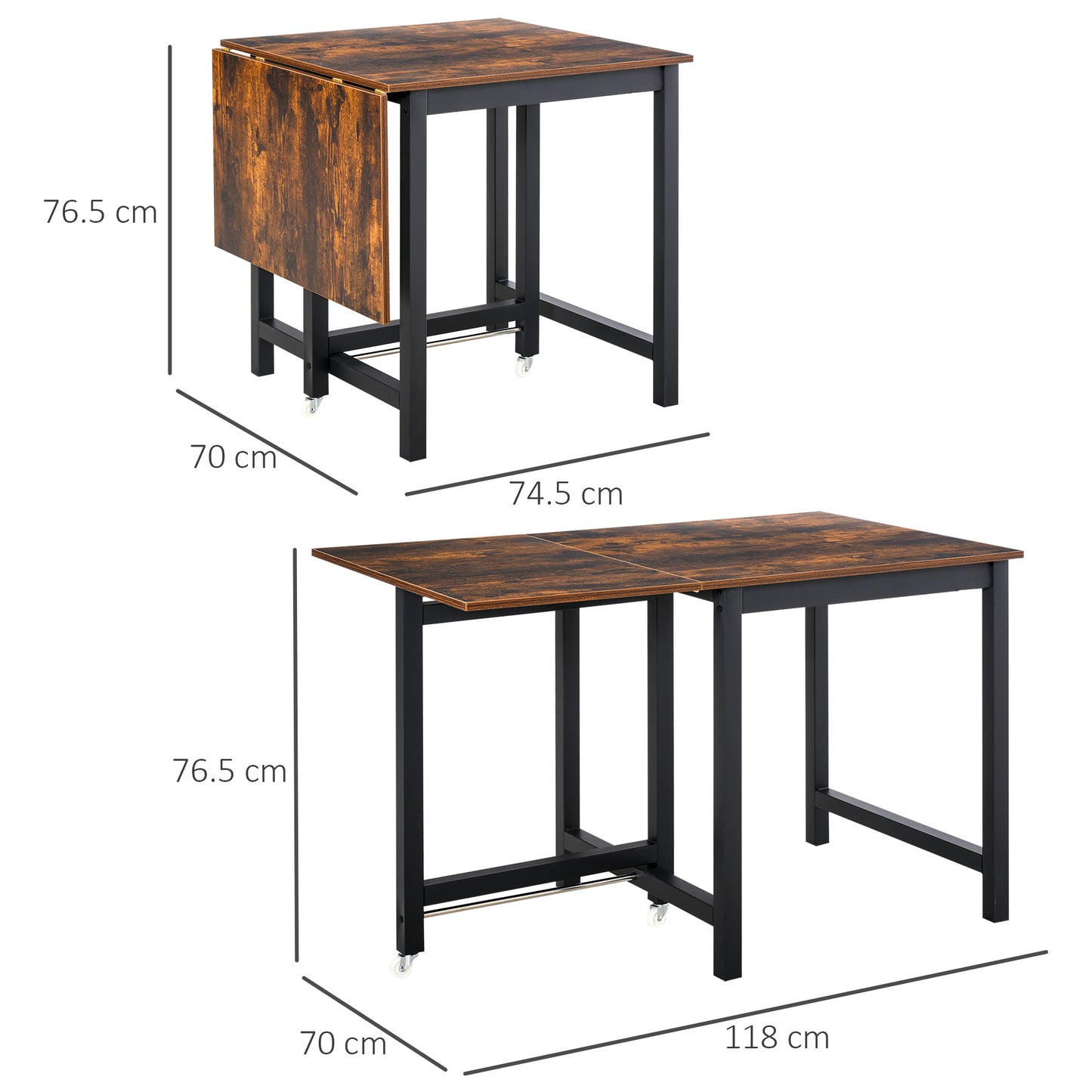 HOMCOM Folding Dining Table, Industrial Drop Leaf Table with Wheels and Metal Frame for Kitchen, Dining Room, Space Saving, Rustic Brown