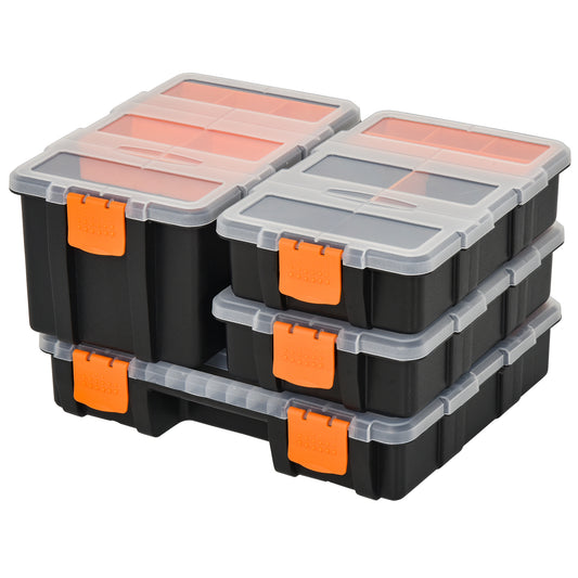 Photo of DURHAND Set Of 4 Plastic DIY Tool Storage Boxes w/ Inside Dividers Locking Lids Home Garage Organisation Stacking Arts Crafts Bolts Black Orange in Orange colour on a white background
