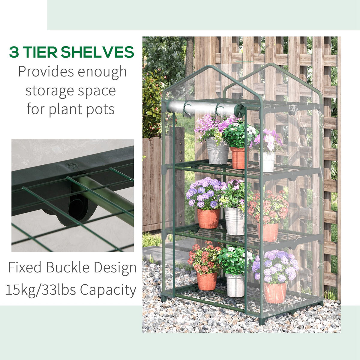 Outsunny three-tier mini greenhouse with wire shelves holding flower pots