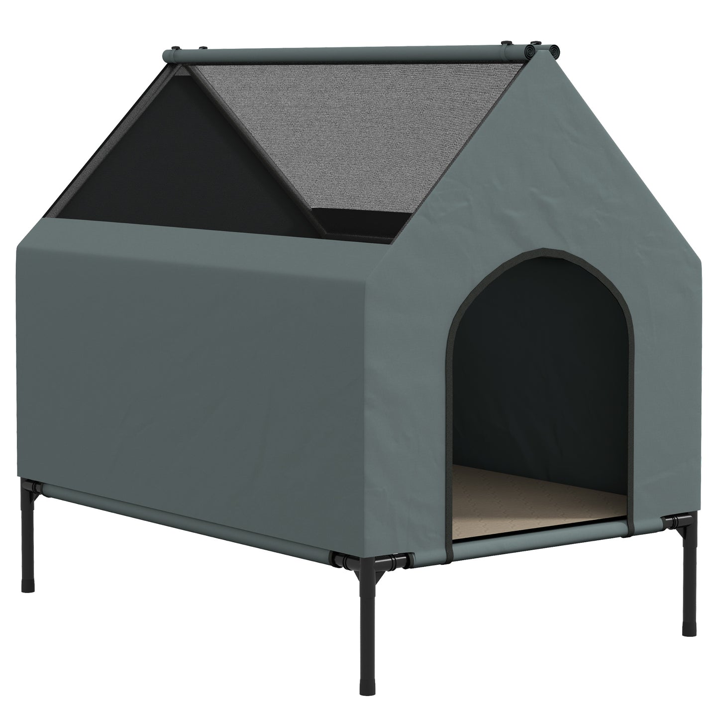 Photo of PawHut Dog House Outdoor Elevated Dog Bed with Removable Cover, Mesh Windows, Storage Bag, for S and M-Sized Dogs, Grey in Grey colour on a white background