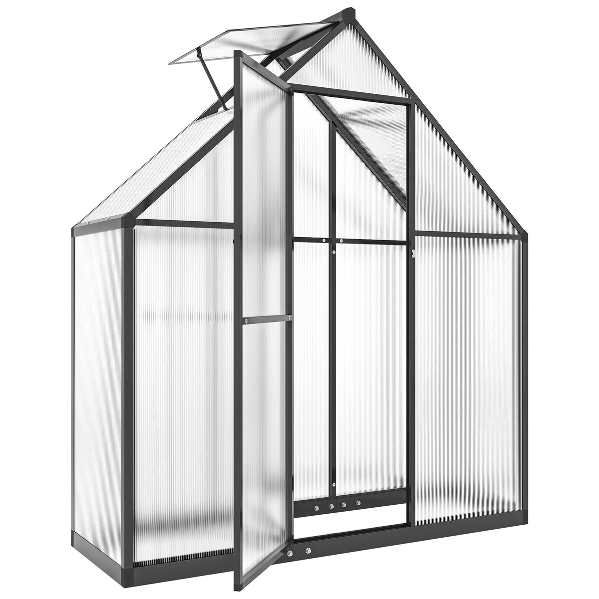 Photo of Outsunny 5.5 x 2ft Polycarbonate Greenhouse, Quick Setup Walk in Green House, Push Door, Adjustable Roof Vent, Rain Gutter, Black in Black colour on a white background