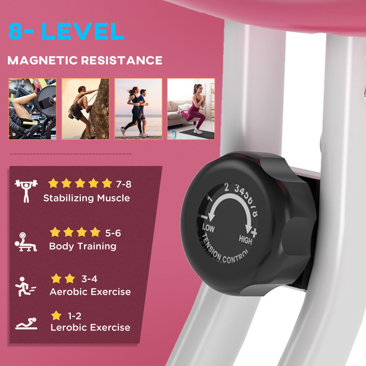HOMCOM Folding Exercise Bike, Fitness Bicycle Indoor Trainer, 8-Level Magnetic Resistance Adjustable, with LCD Monitor, Pulse Sensor, Pink