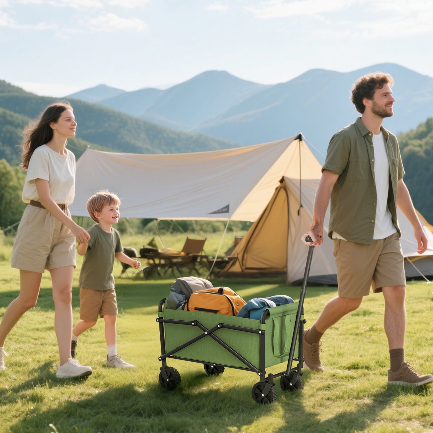 Outsunny 62L Festival Trolley on Wheels, Portable Small Folding Trolley Cart, 60kg Heavy Duty Collapsible Foldable Wagon with Adjustable Handle and Carrying Bag for Beach, Camping, Garden, Green
