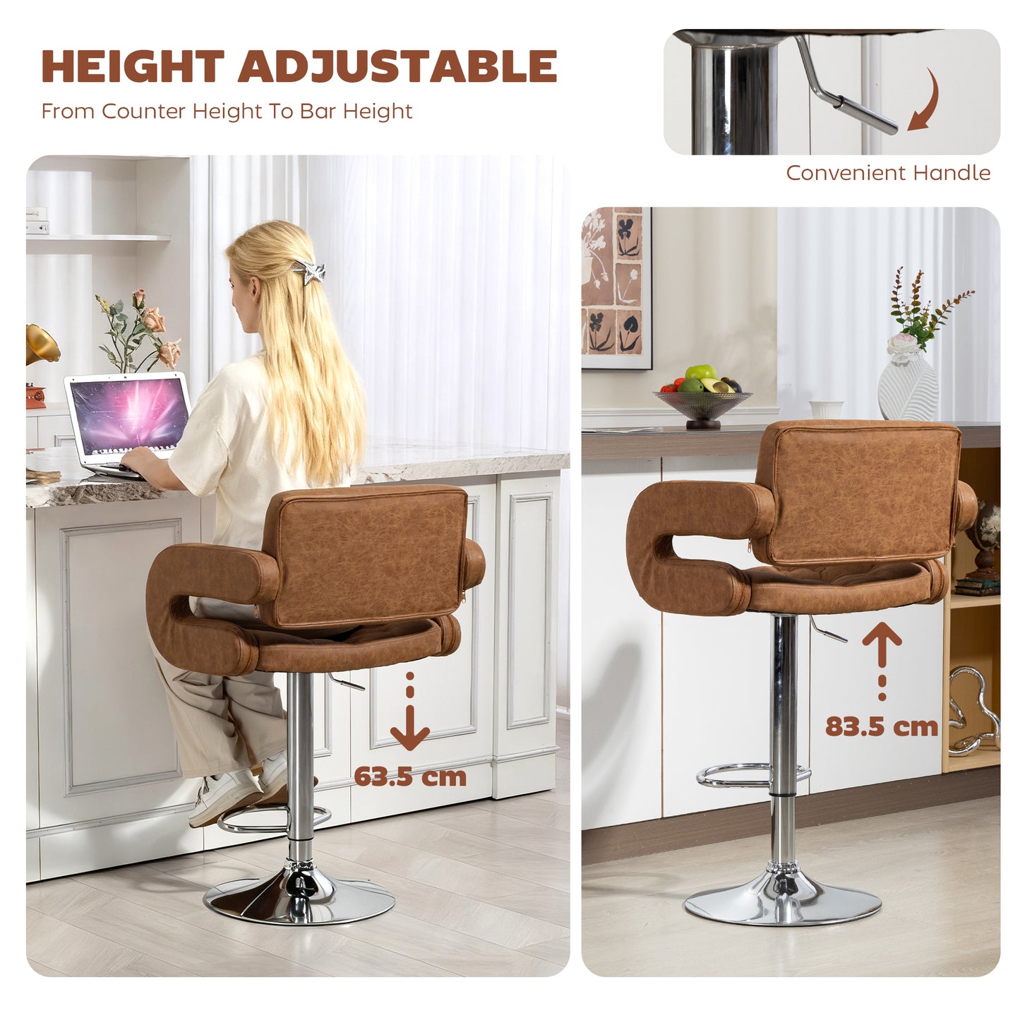 HOMCOM PU Leather Upholstered Swivel Bar Stool, Height Adjustable with Back, Armrest, Footrest, Brown